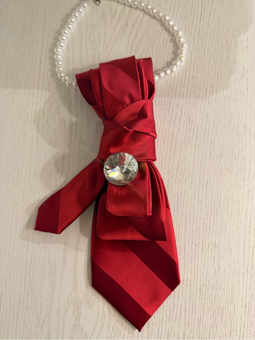 Red Satin Bow Pendant Necklace with Crystal Accent